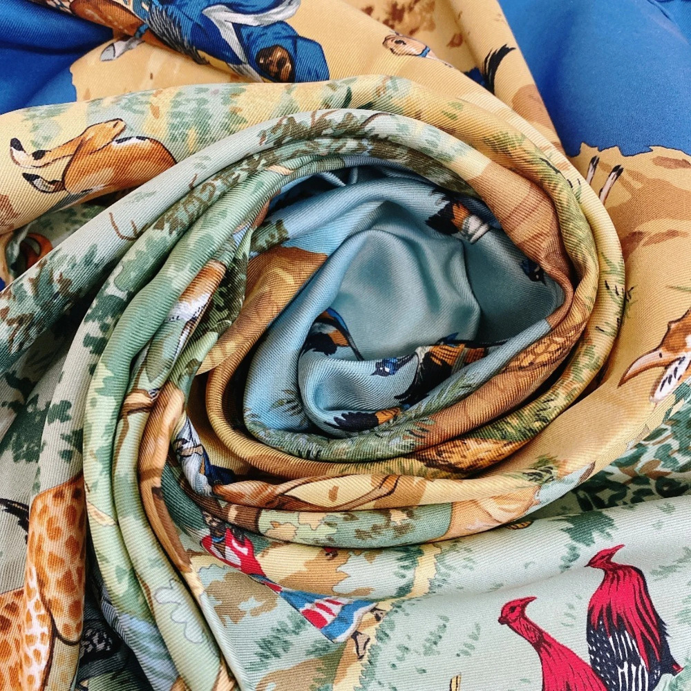 HERMES Carre 90 African Animal Print Silk Scarf, Muffler, Shawl, Stole, Blue
